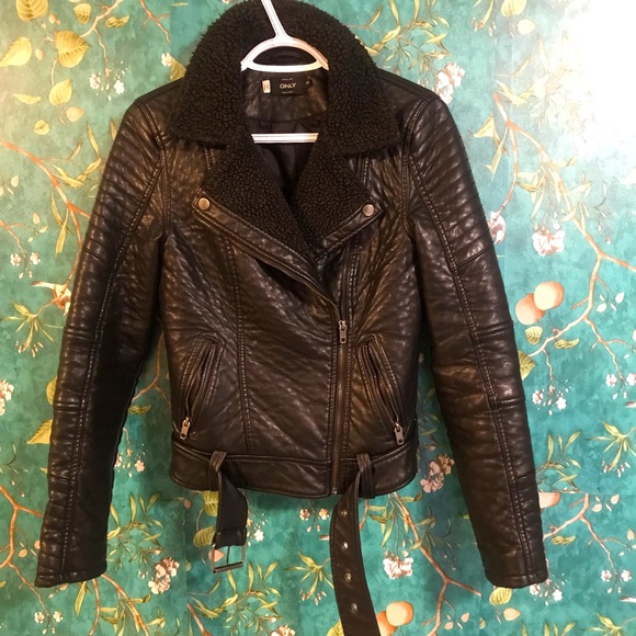 Only- biker leather jacket with inner fleece size 34 - Picture 3 of 8